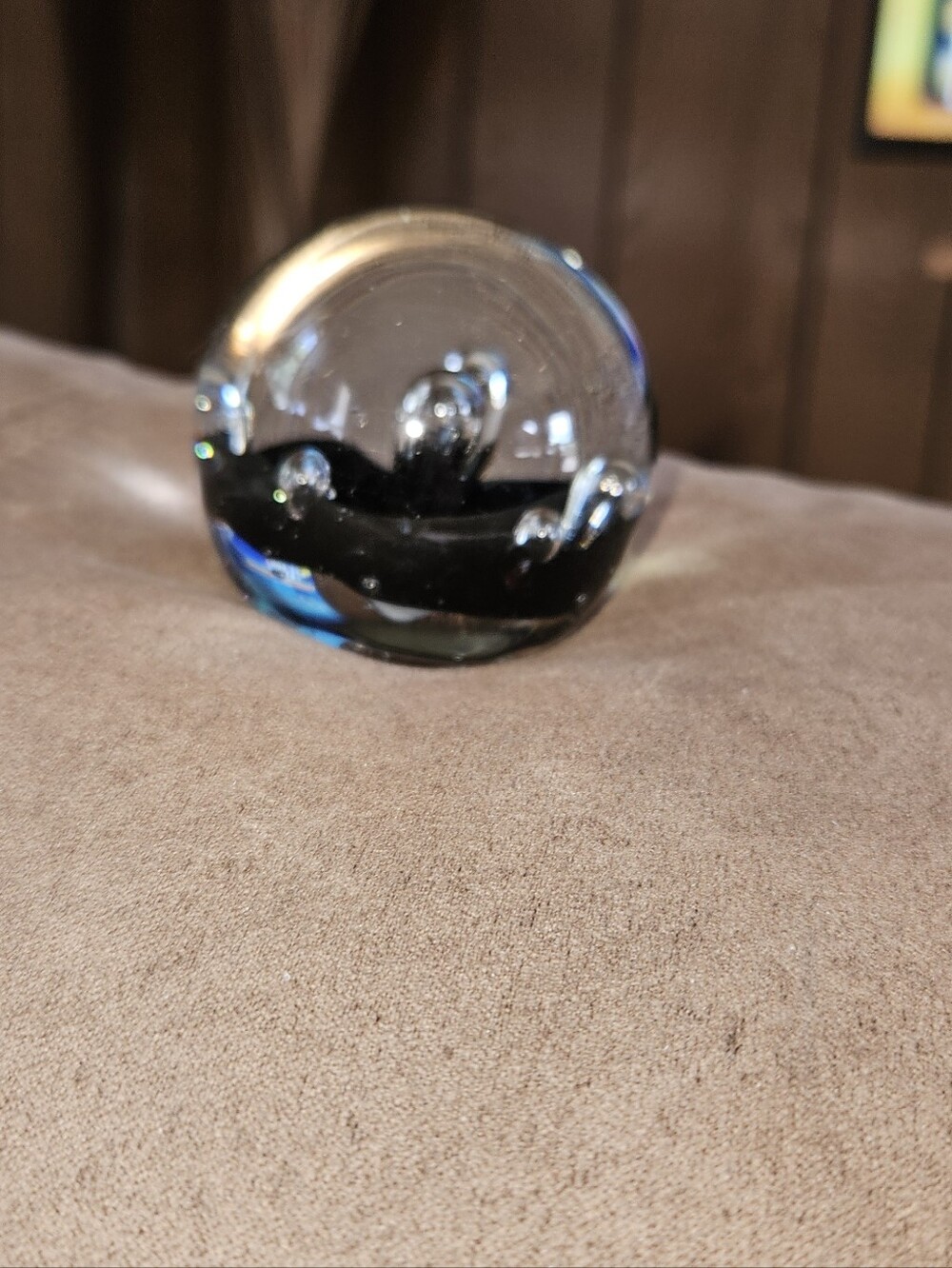 Clear Glass Paperweight with Black and Blue Swirl, Approx. 2" Tall x 2.25" Diam.